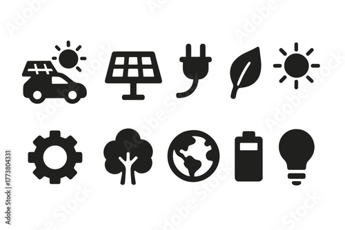 Eco energy solid icon set. Renewable, sustainable energy icons collection