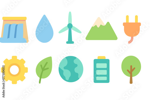 Renewable energy flat icon set. Ecology, conservation, sustainable resources design