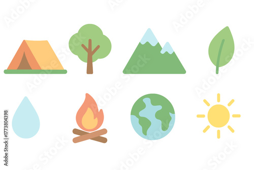 Camping adventure flat icon set. Nature, outdoor, exploration icons in flat style.