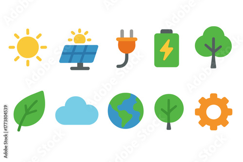 Renewable energy flat icon set. Eco-friendly, solar, sustainable energy icons collection