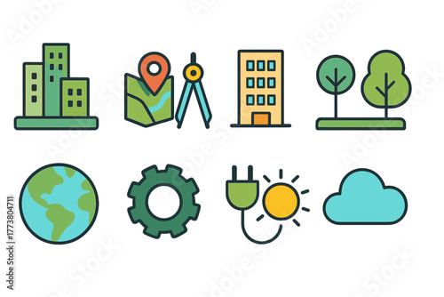 Environmental, urban development icon set. Eco, city planning outline icons collection