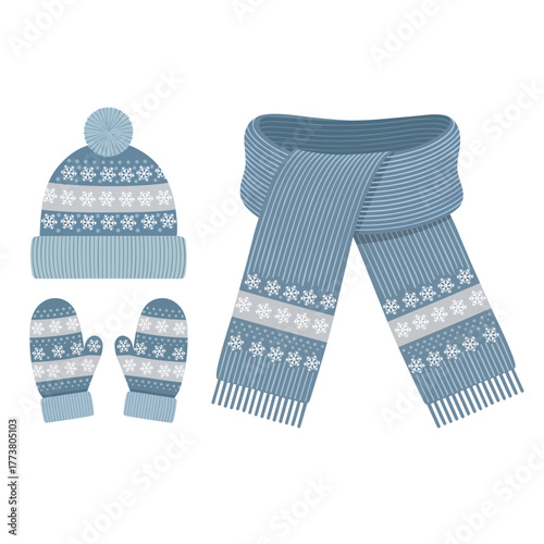 Winter Hat, Scarf and Mittens Set – Flat vector illustration of knitted winter accessories including beanie hat, scarf, and mittens with snowflake patterns. Cozy cold weather clothing for winter 