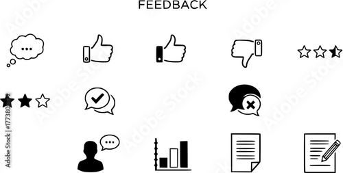 Feedback Icons: Speech Bubble, Thumbs UpDown, Star Ratings, Graph, Person, and Document Illustrations