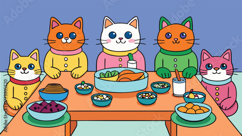 Funny cartoon cats sitting on table for eating foods. cartoon style vector illustration.