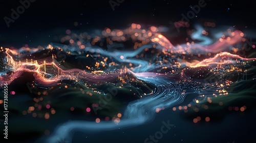 Fototapeta Naklejka Na Ścianę i Meble -  Mystical glowing waves with luminous particles floating in dark space create abstract fluid art pattern. Ethereal light trails and bokeh effects form dynamic motion landscape.