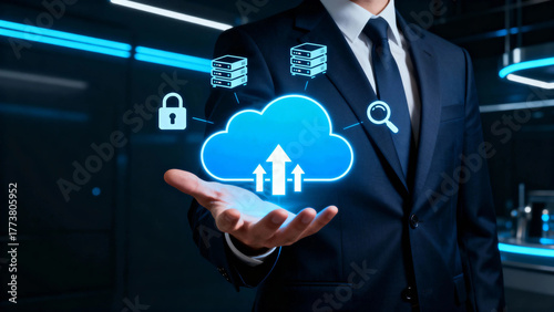 Businessman presenting cloud computing concept with data security and storage icons in a futuristic setting