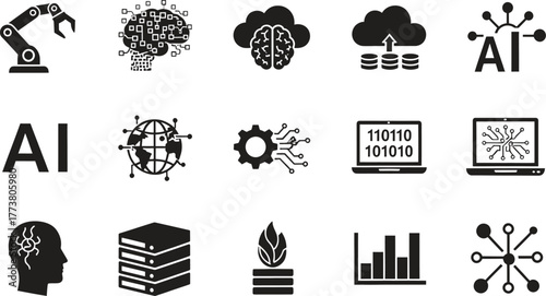 Artificial intelligence conceptual icons showcasing robot brains cloud computing and automation
