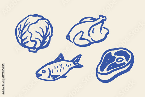 Meat fish and cabbage, naive brush sketch vector illustration