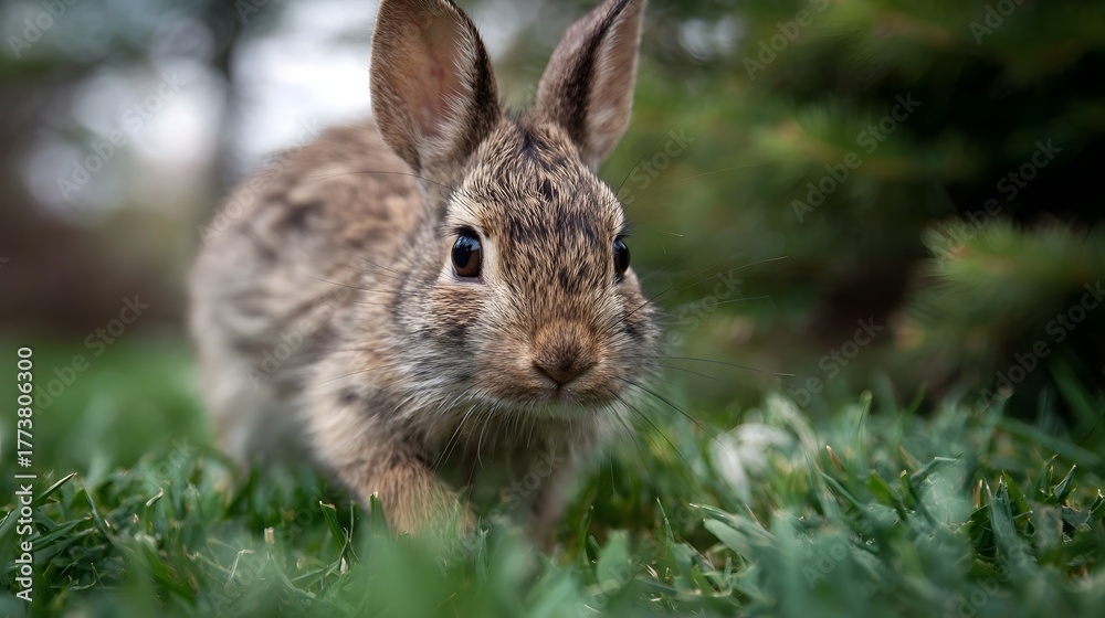 Fototapeta premium A young wild rabbit is cautiously stepping through lush green grass in a natural outdoor setting