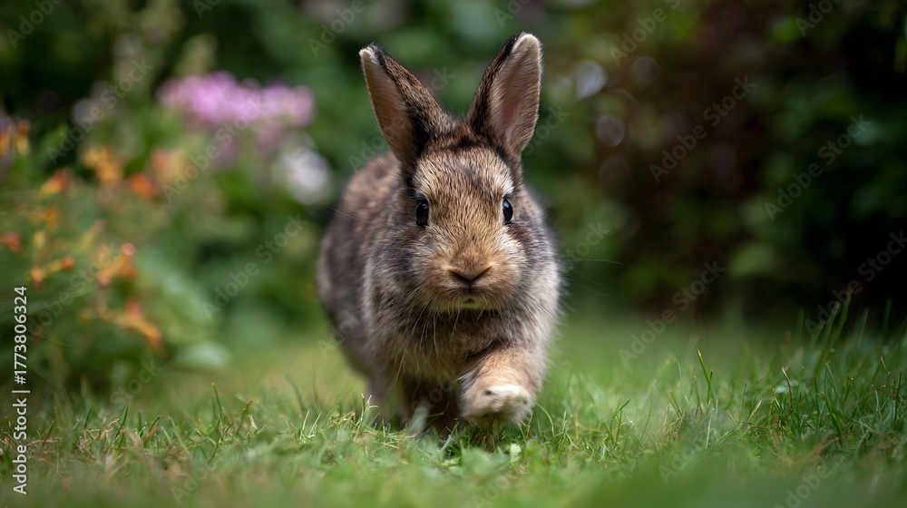 Fototapeta premium A cute brown rabbit hops forward through lush green grass in a garden with blurred flowers