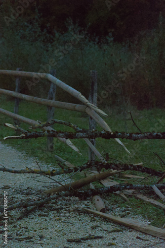 A wooden split-rail fence with broken and moss-covered sections borders a gravel path next to a grassy area and dark trees in the evening