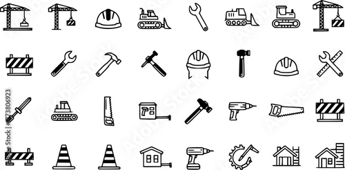 Construction Icons Set: Cranes, Bulldozers, Tools, Safety Helmets, Buildings  More - Vector Illustration
