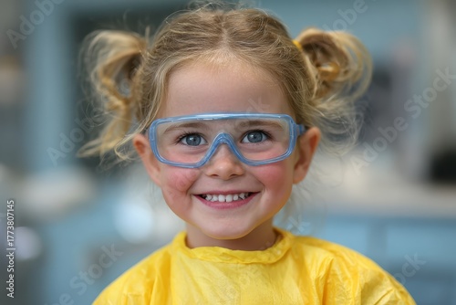 Smiling young girl wearing blue safety glasses and yellow gown looks. Ideal for science education, safety awareness, or healthcare campaigns.