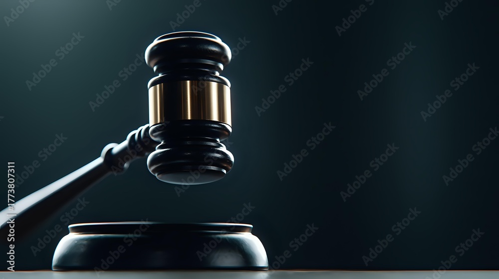 Obraz premium Dramatic close-up of wooden judge gavel against dark background with dramatic lighting, symbolizing law, justice and legal proceedings in courtroom setting.