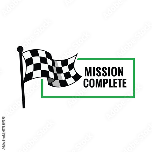 Mission Complete Sign with Checkered Flag Vector Illustration
