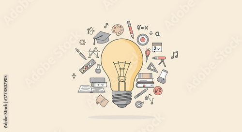 Spark innovation with this creative light bulb surrounded by tools for school, art, science, and music. Perfect for educational projects or creative inspiration!