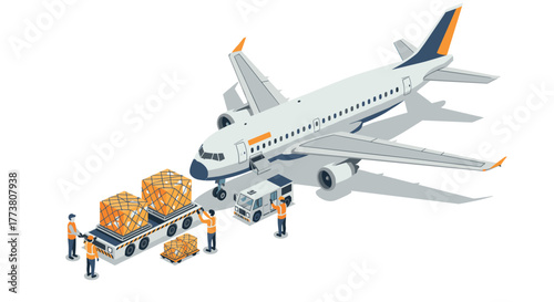 Cargo airplane loading scene with workers and packages in isometric style