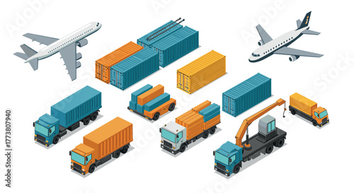 Isometric transport and logistics scene with cargo containers, trucks, and airplanes