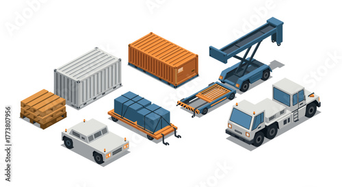 Isometric cargo transportation elements containers, trucks, and cranes
