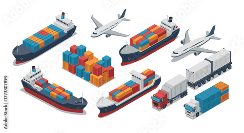 Isometric cargo transport and logistics elements for global shipping and delivery