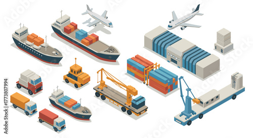 Isometric shipping and logistics elements with cargo ships, trucks, and aircraft