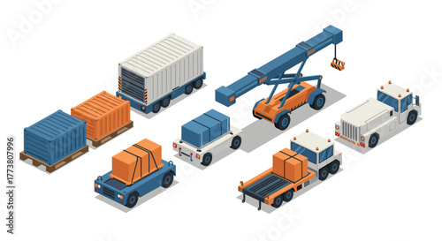 Isometric cargo transport concept with trucks, cranes, and shipping containers