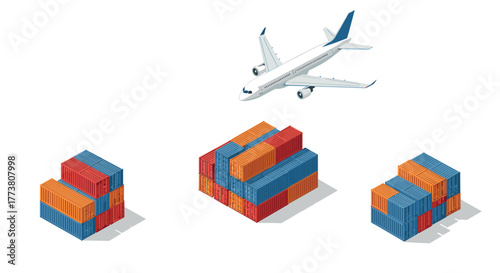 Isometric airplane and shipping containers global logistics and transport concept