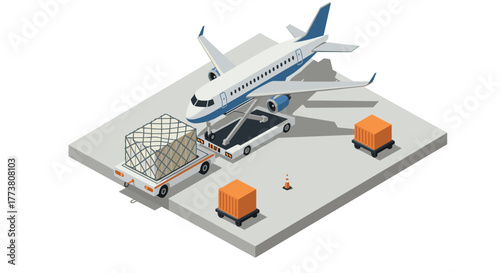 Isometric airplane cargo loading at airport with containers and equipment