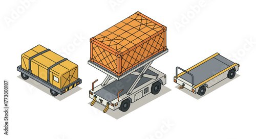 Isometric cargo vehicles with load platforms and crates on white background