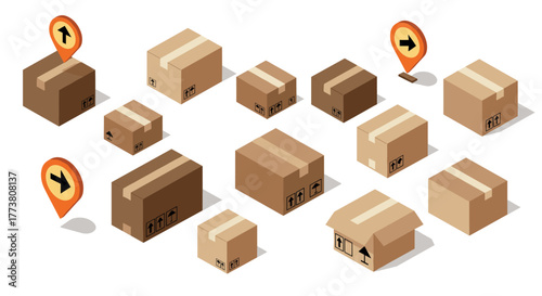 Cardboard boxes and delivery icons in isometric style for shipping and logistics