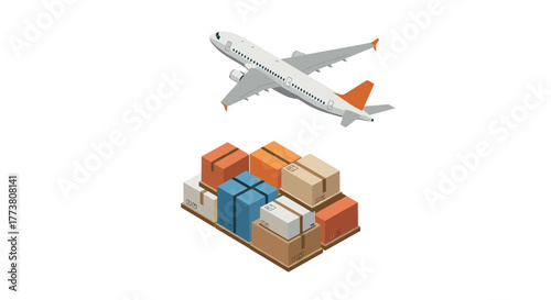 Isometric airplane and cargo boxes on pallet for delivery