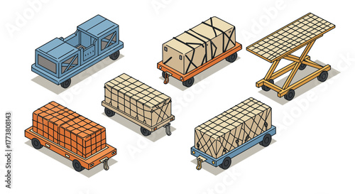 Isometric cargo train set with various freight cars and pallet table on white background