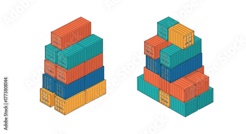 Colorful isometric shipping containers stacked in unique arrangements