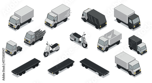 Isometric set of delivery trucks and cargo motorbikes in various configurations