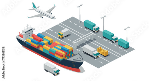 Isometric shipping and logistics with cargo ship, trucks, and airplane