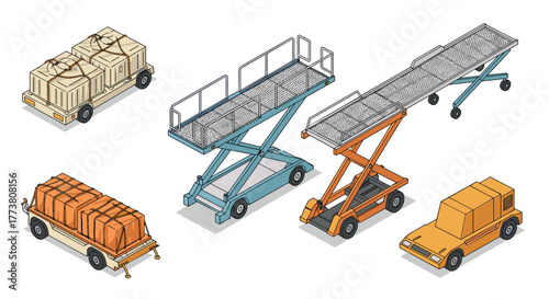 Isometric cargo transport equipment set with loading platforms and vehicle designs
