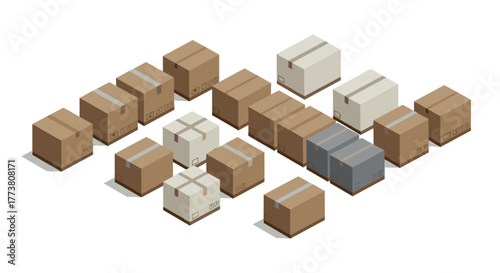 Isometric cardboard boxes in various sizes and colors on white background