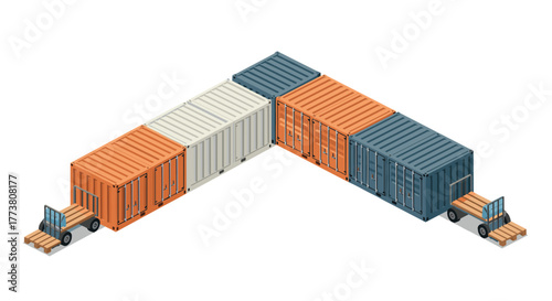 Isometric shipping containers with forklifts in l shape arrangement