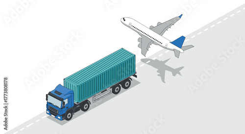 Isometric cargo logistics with plane and truck on highway