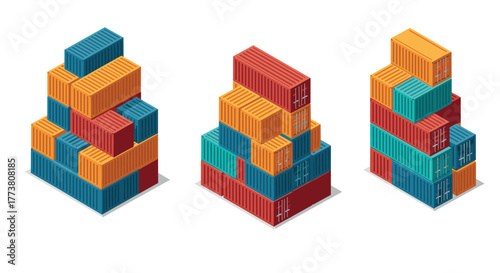 Colorful isometric stacked shipping containers on white background