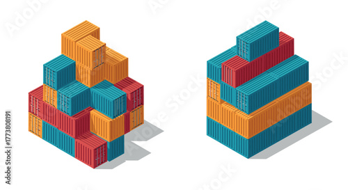Colorful isometric cargo containers stacked in geometric shapes for logistic and shipping design