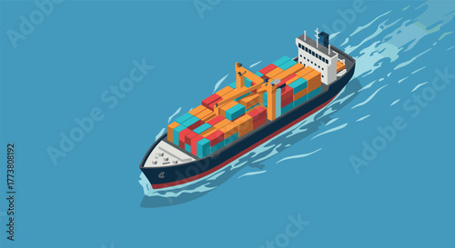 Cargo ship sailing with colorful containers in isometric design on blue ocean background