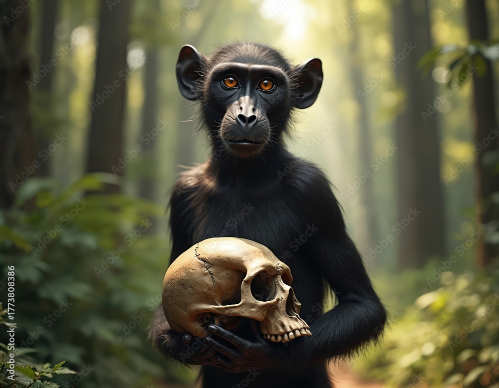 Obraz premium Primate holds human skull in forest. Dark fur monkey clutches bone, contemplating life and death in jungle. Ape explores ancient remains, evolutionary concept. Primate past, future mystery.