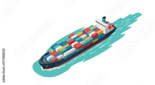 Colorful shipping container vessel in isometric design on open sea waters