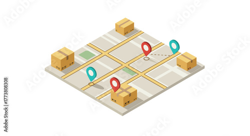 Isometric map with delivery boxes and gps pins illustrating logistics network
