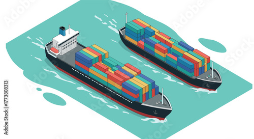 Isometric cargo ships with colorful containers on water
