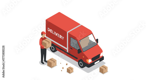 Isometric delivery truck and worker with boxes on white background