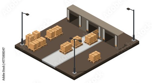 Isometric warehouse distribution center with pallets and storage