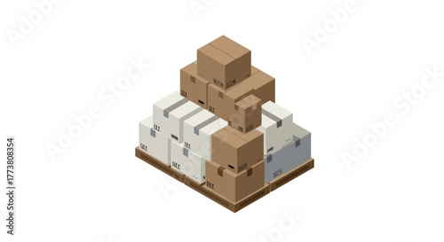 Isometric warehouse pallet stacked with cardboard boxes for shipping and delivery