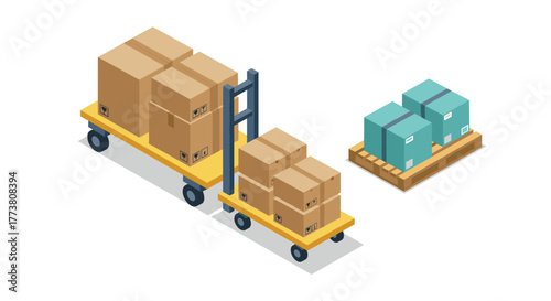 Isometric warehouse logistics with pallet jacks and carton boxes